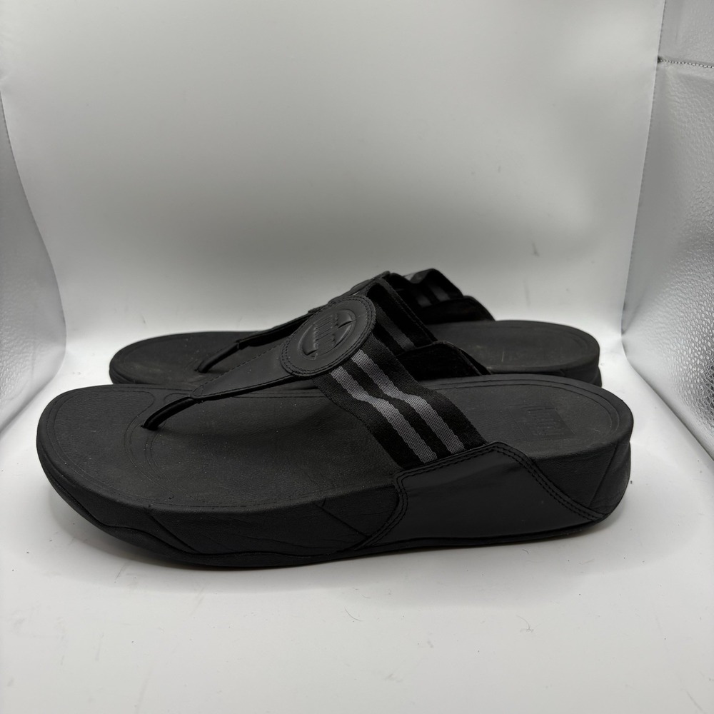 FitFlop Walkstar Toe-Post Leather/Poly Sandals Black Women's Size 10 US
